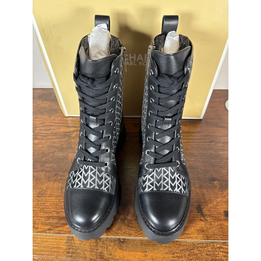 Michael Kors Blake Bootie Black Nylon JQD Logo Combat Boots 40T5BKFE5Y Womens 6M
